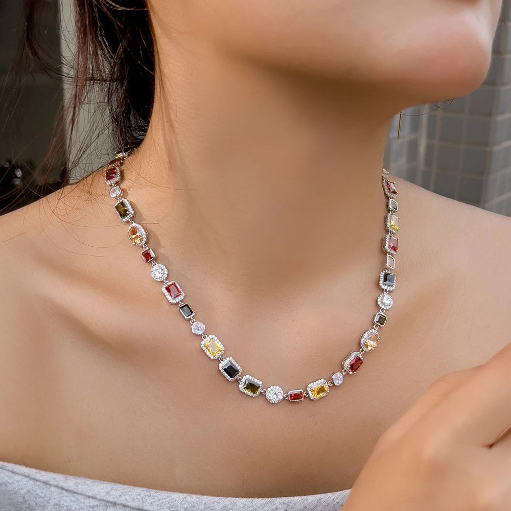 Multi Color Cubic Zirconia Irregular Chain Necklace for Women Daily Party Engagement Jewelry