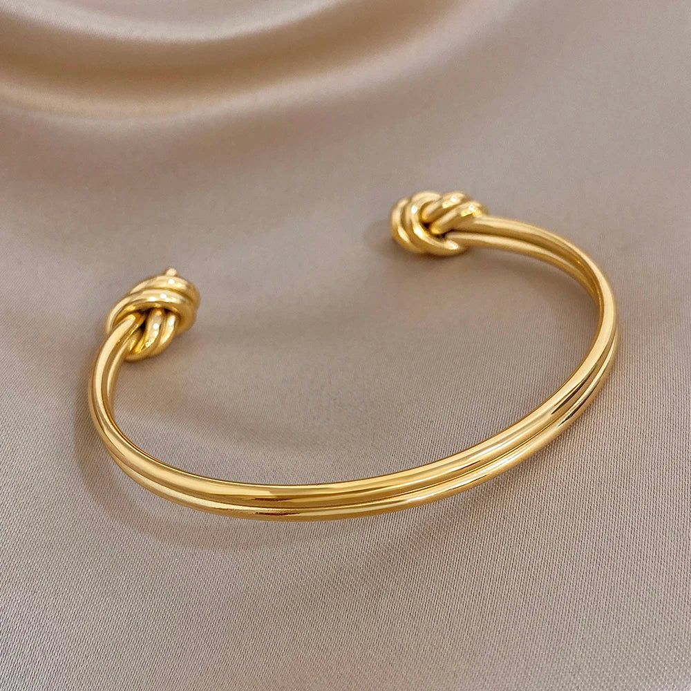 Minimalist Double Layer Knot Cuff Bangle Bracelets Glossy Gold Plated Stainless Steel Wide Bracelet for Women Waterproof Jewelry