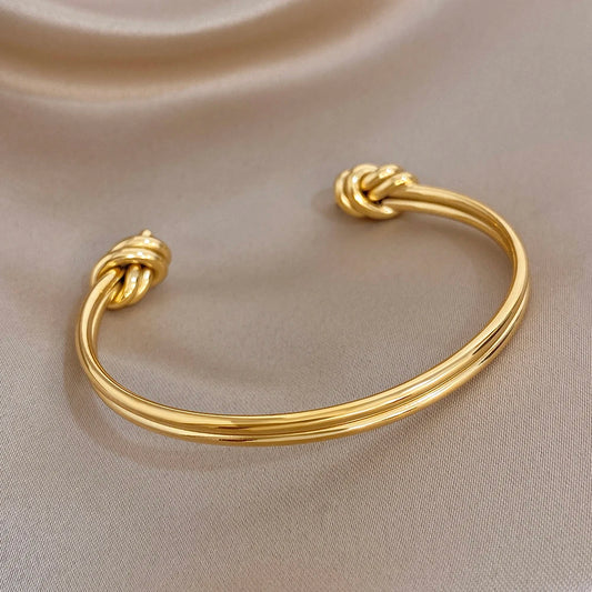 Minimalist Double Layer Knot Cuff Bangle Bracelets Glossy Gold Plated Stainless Steel Wide Bracelet for Women Waterproof Jewelry