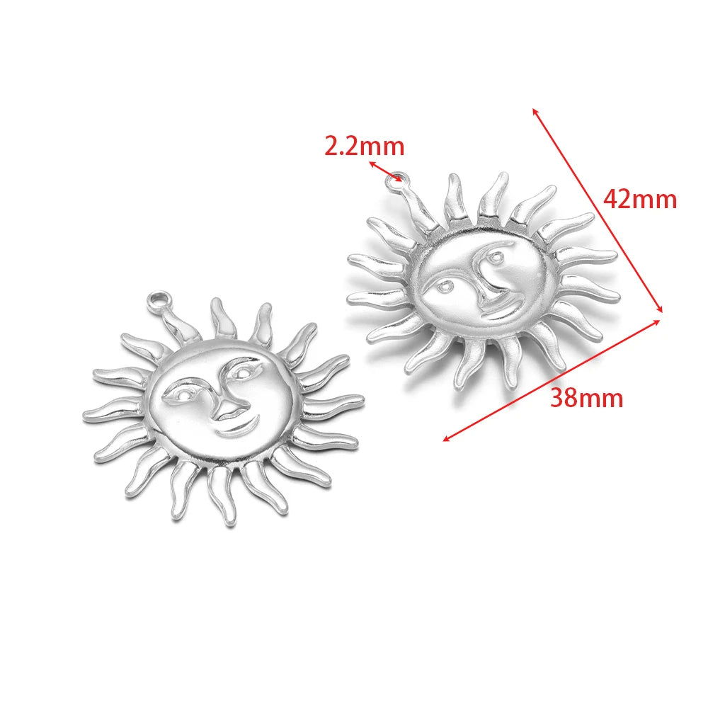 Silver smiling sun charm pendants with loop, two-piece set for DIY jewelry making