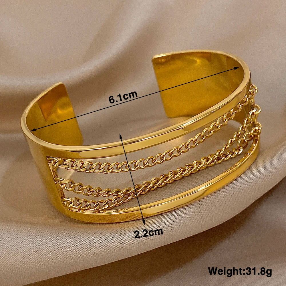 Fashion Gold Silver Color Stainless Steel Cuff Bracelets for Women Chunky Multilayer Thick Chain Wide Bangle Waterproof Jewelry