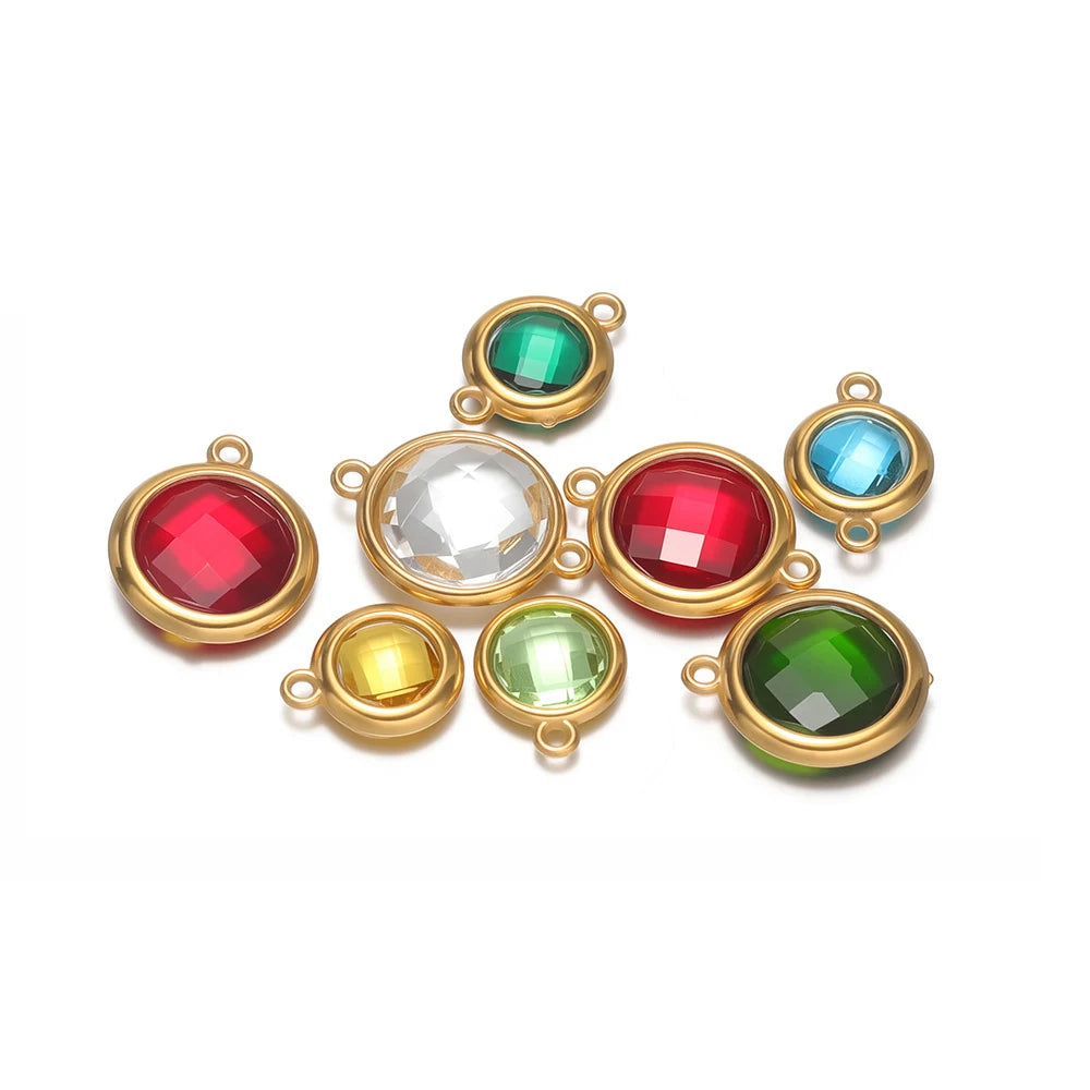 Round faceted glass charm mix in red, green, gold, white, and blue with gold-tone loops