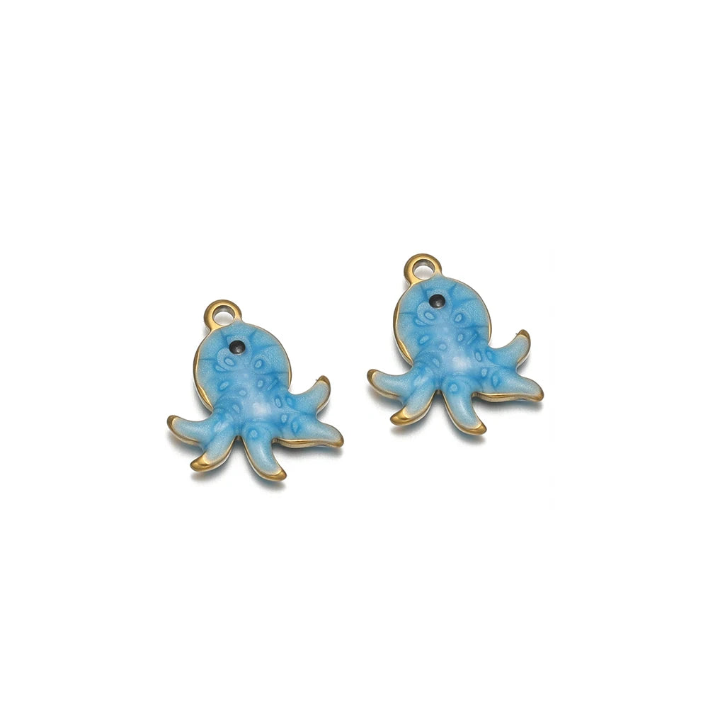 Blue enamel octopus charms with gold-tone loop, two pendant figures