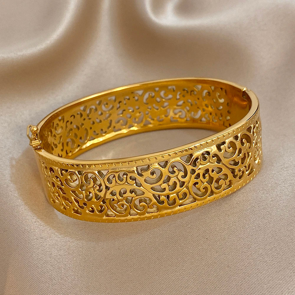 Vintage Palace Geometric Carved Flower Bracelet for Women Chunky Gold Plated Stainless Steel Cuff Bangles Waterproof Jewelry