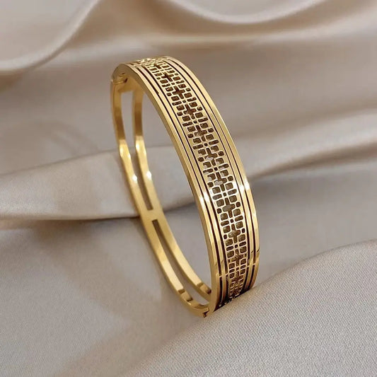 18K Gold Plated Stainless Steel Cuff Bangle Exaggerated Hollow Palace Textured Smooth Wide Bracelets Waterproof Jewelry