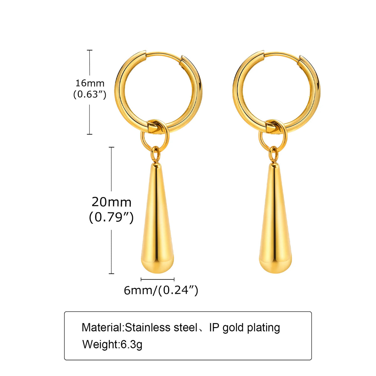 Gold-tone drop hoop earrings with size measurements and stainless steel material details