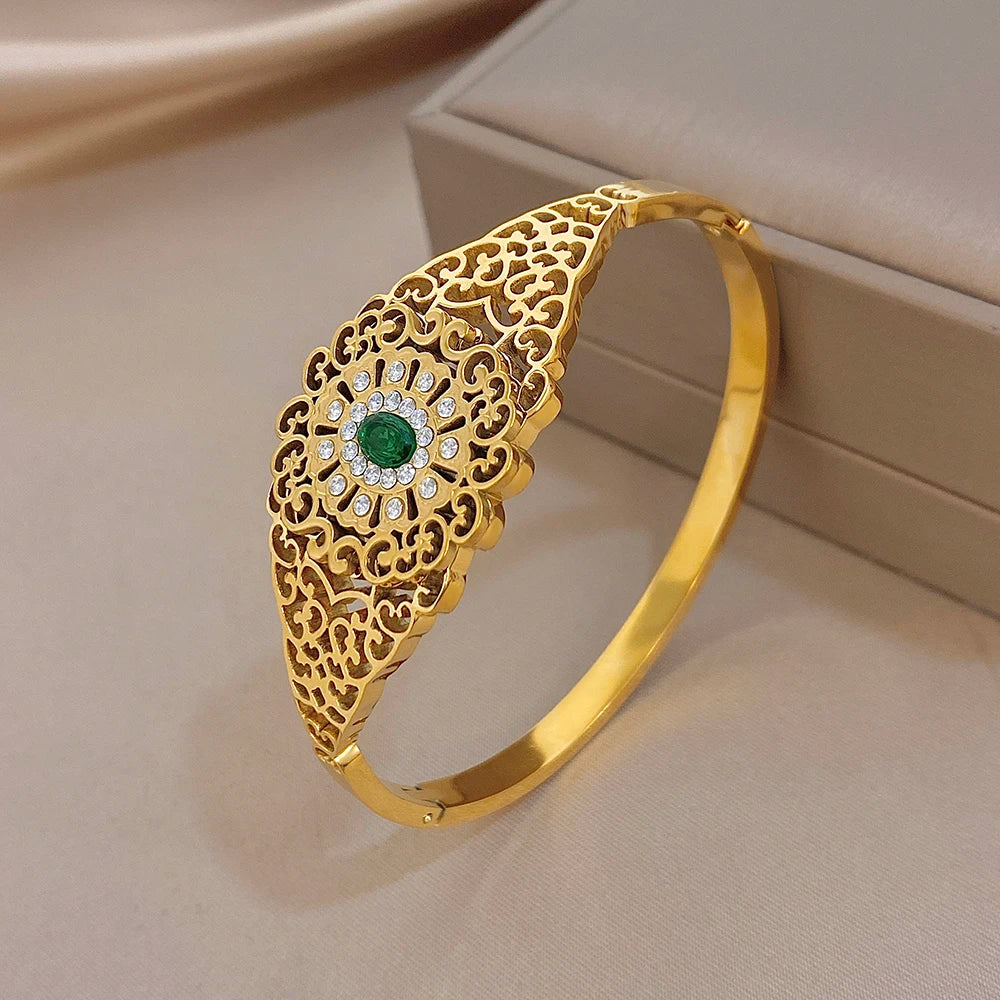 Exquisite Palace Hollow Flower Carved Bracelet for Women Chic Zircon Gold Plated Stainless Steel Cuff Bangles Waterproof Jewelry