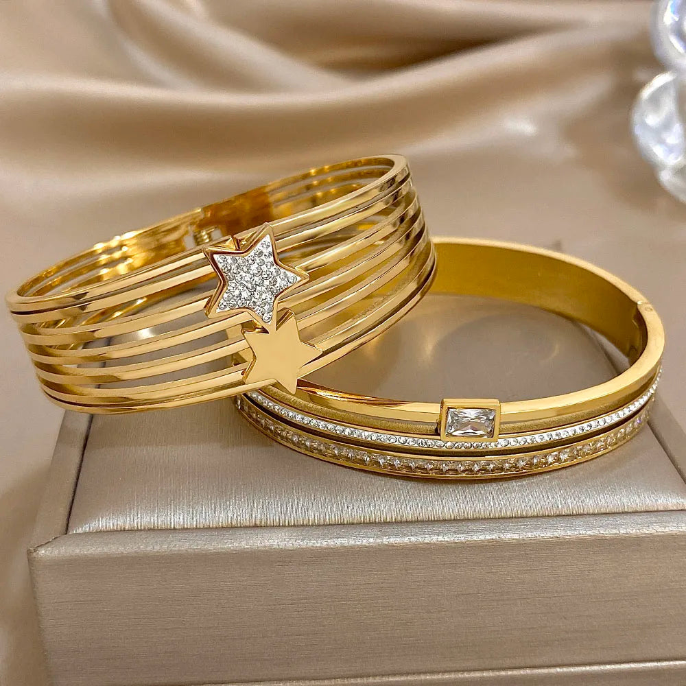 Rhinestone Star Layered Wristband Bangle Chunky Jewelry Gold Color Stainless Steel Cuff Bracelet for Women