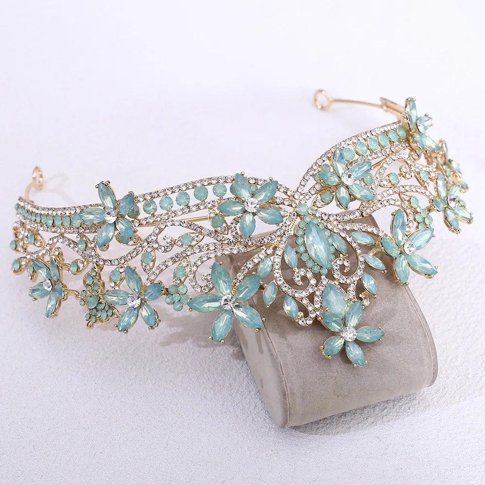 Baroque Crystal Flower Blue Opal Tiaras For Women Party Luxury Bride Diadem Rhinestone Crown Hair Accessories Jewelry