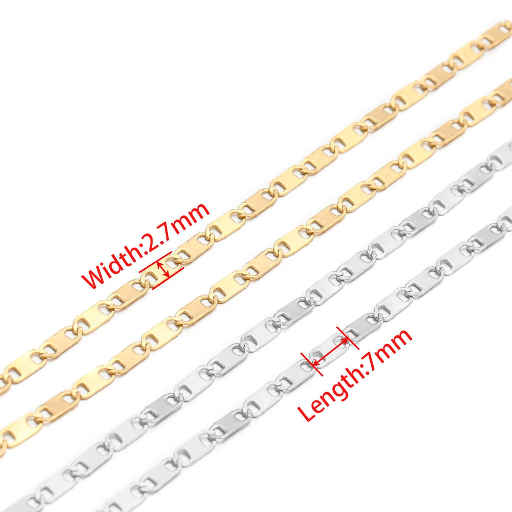 Gold and silver flat link chain strands with repeating oval links for DIY jewelry