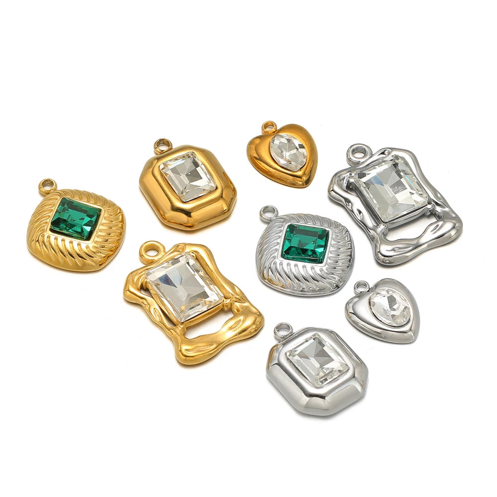 Square rhinestone and green gemstone cuboid charms in gold and silver, assorted