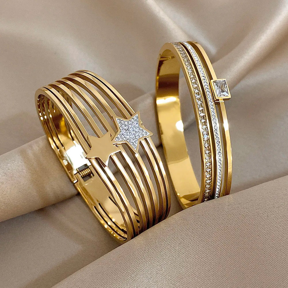 Rhinestone Star Layered Wristband Bangle Chunky Jewelry Gold Color Stainless Steel Cuff Bracelet for Women