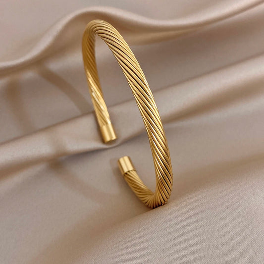 Fashion Gold Plated Stainless Steel Cuff Bangle for Women Glossy Twisted Chunky Open Bangle Bracelets Waterproof Jewelry