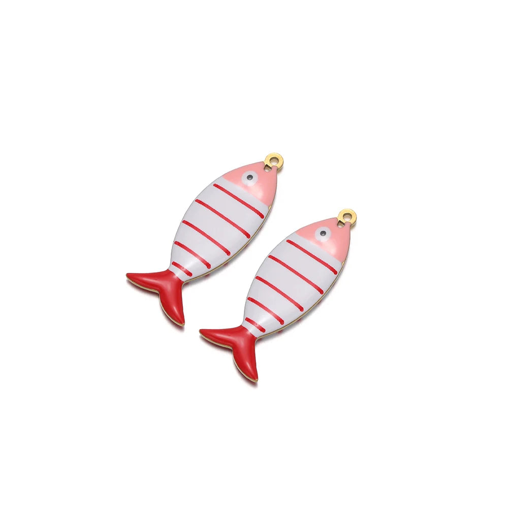 Enamel striped fish pendant charm, white body with red stripes, gold loop and red tail