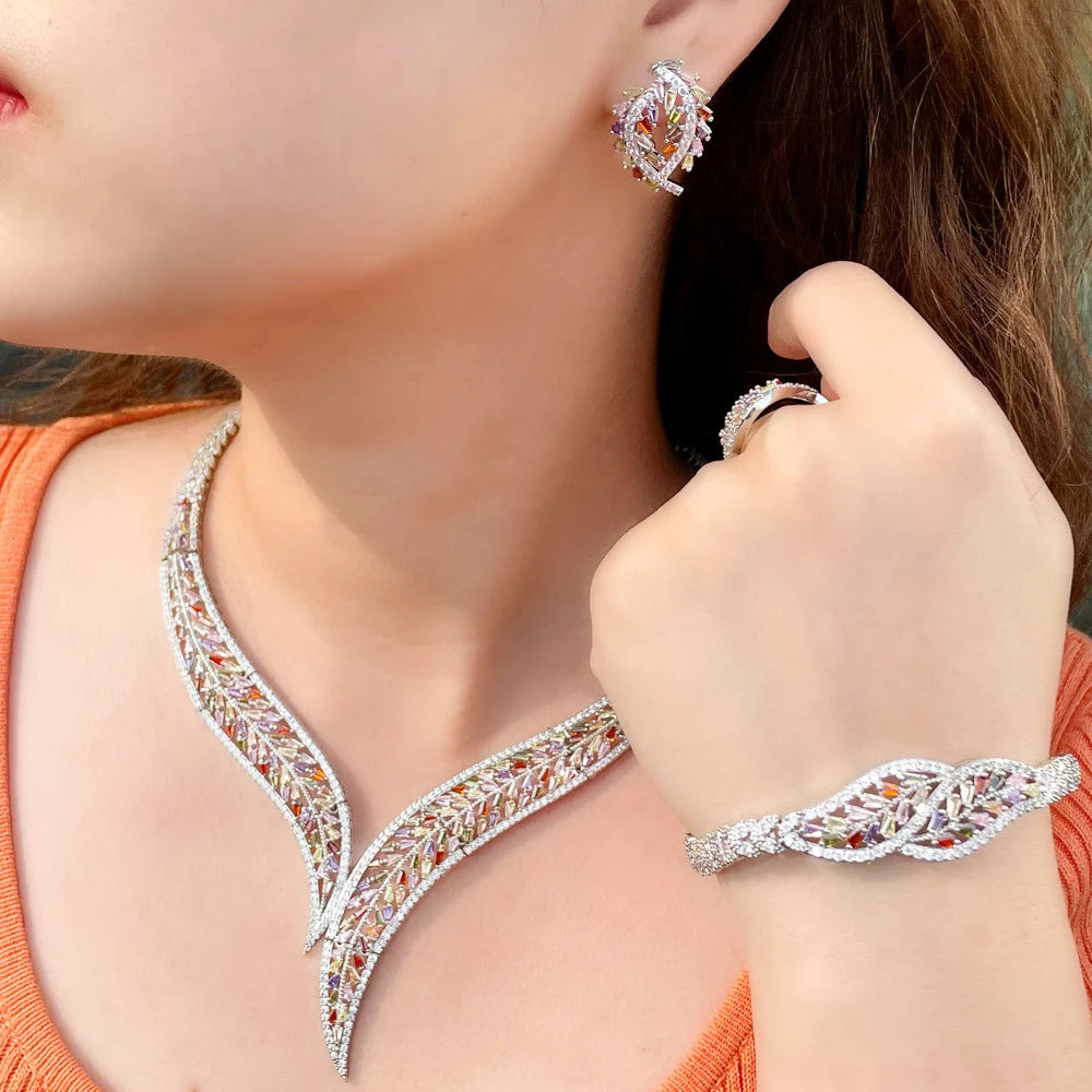 Multicolor cubic zirconia leaf bridal jewelry set: necklace, bracelet, and earrings