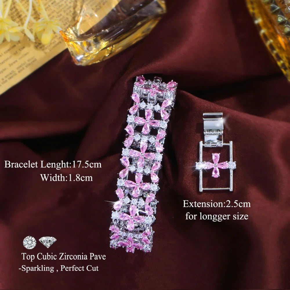 Pink and clear floral crystal tennis bracelet with an extension clasp