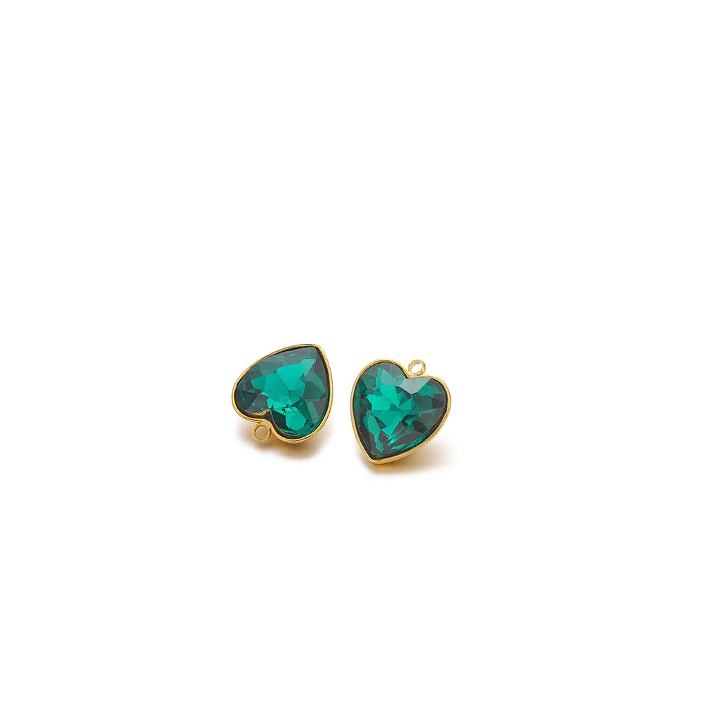 Heart crystal charm pendants, gold-tone with teal heart stones, pair