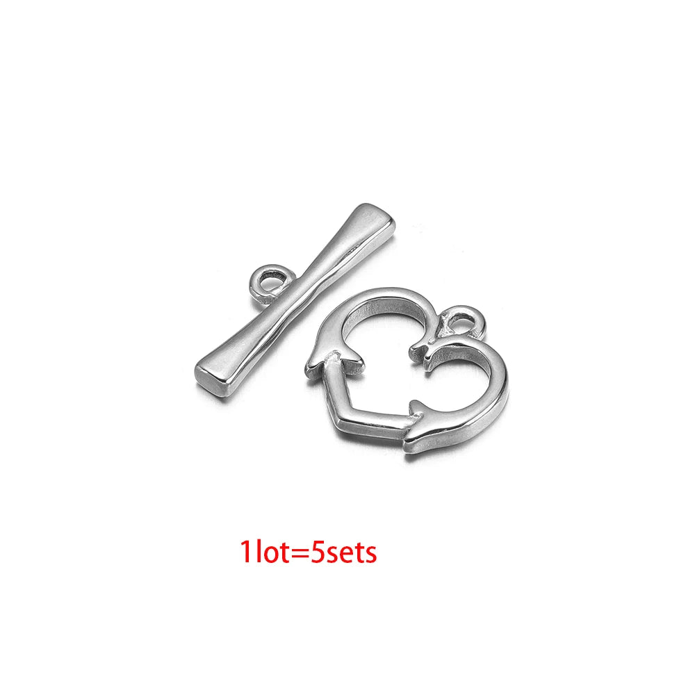Stainless steel toggle clasp set with bar and heart-shaped ring loops for jewelry making