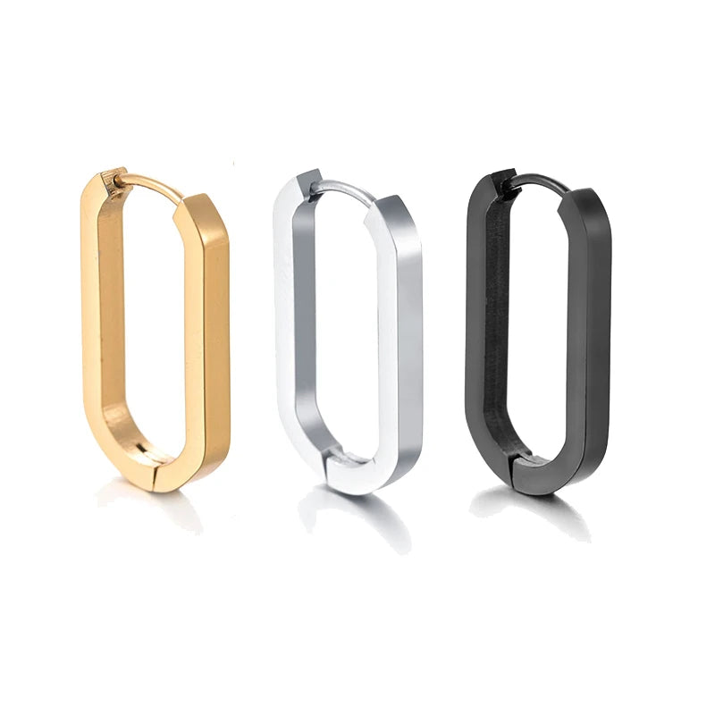 Glossy oval hoop earrings in gold, silver, and black stainless steel