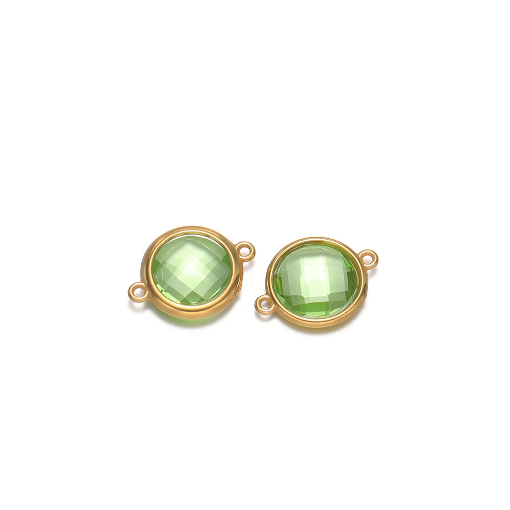Round faceted light green glass charm with gold-tone loop, for DIY jewelry making