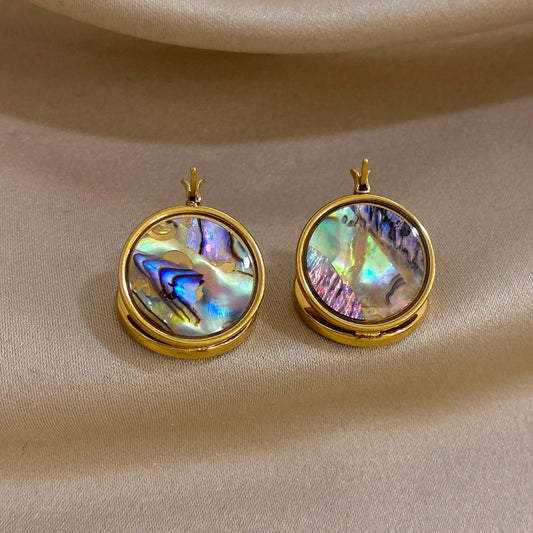 Gold-plated round abalone shell hoop earrings with small top hook, iridescent finish