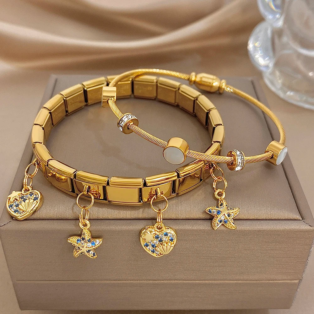 Glossy Gold Plated Stainless Steel Cuff Bangle for Women Chic Zircon Elastic Star Heart Shell Charm Bracelets Waterproof Jewelry