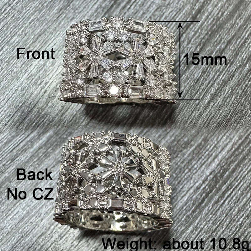 Square CZ ring with clear stones and baguette details, silver-toned setting