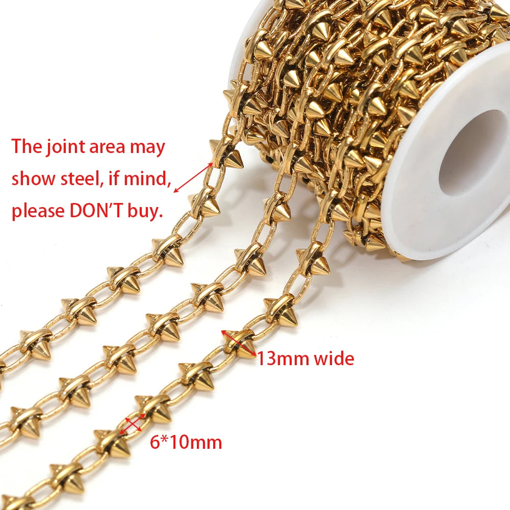 Gold bow knot chain links on a white spool, 13mm wide and 6x10mm size