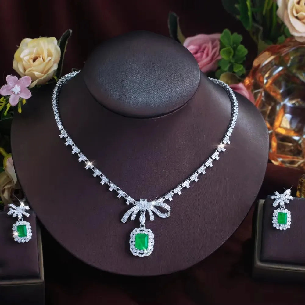 Green CZ ribbon bow necklace with green rectangle pendant and matching drop earrings set