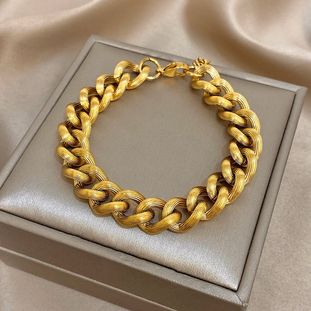 Vintage Geometric Woven Textured Thick Chain Bracelet Classic Stainless Steel Gold Plated Wrist Bracelets Waterproof Jewelry