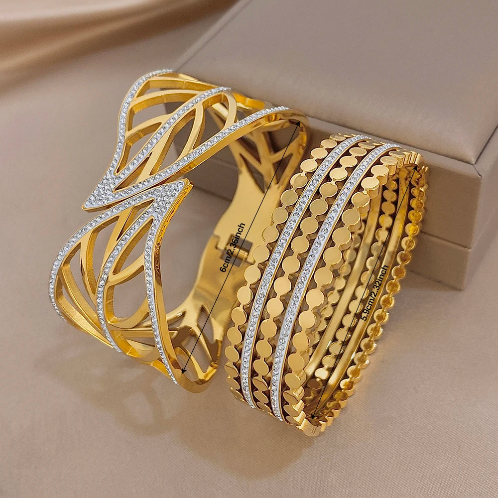 Exaggerated Geometric Zircon Leaf Cuff Bangle Exquisite Gold Plated Stainless Steel Chunky Bracelets Waterproof Jewelry Set