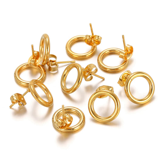 Gold round hollow stud earrings set (10 pairs) with circular hoops and post backs
