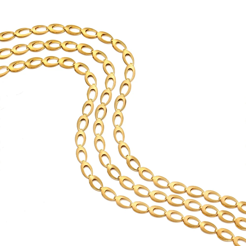 Gold hollow teardrop chain with oval links, close-up