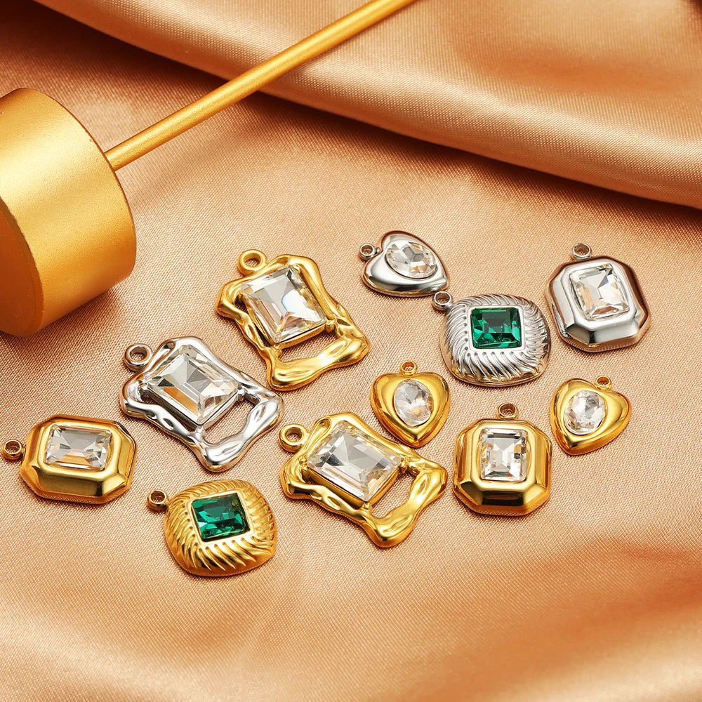 Square rhinestone and green gemstone cuboid charms, gold and silver mixed set