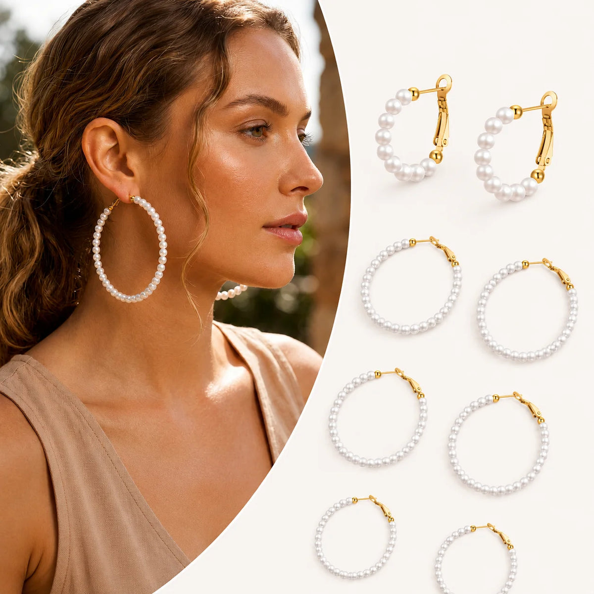 Pearl hoop earrings in five sizes with gold-tone clasps, shown worn and as a set