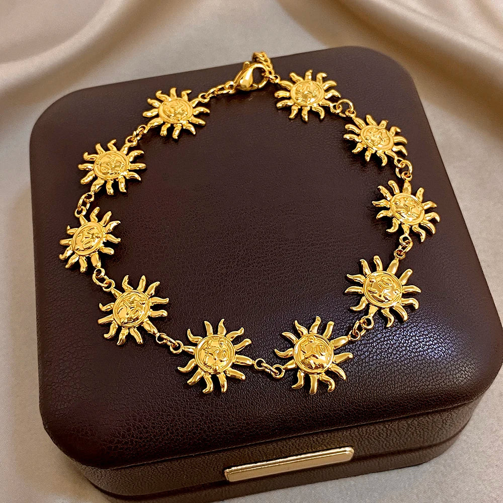 Chic Gold Plated Stainless Steel Bracelet Anklet for Women Fashion Sun Totem Patchwork Bracelets Anklets Waterproof Jewelry