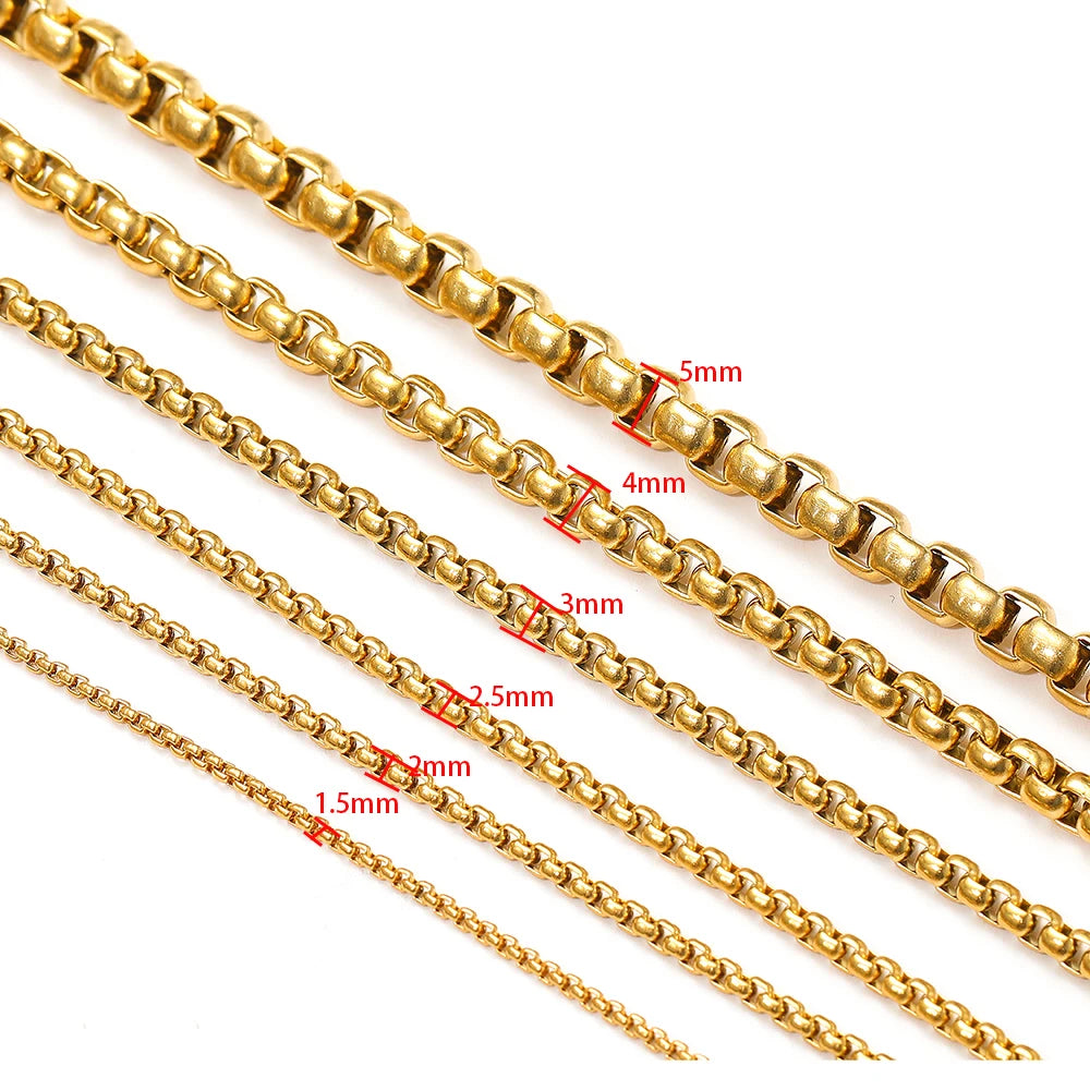 Gold rolo box chain strands with size labels (1.5–5 mm)
