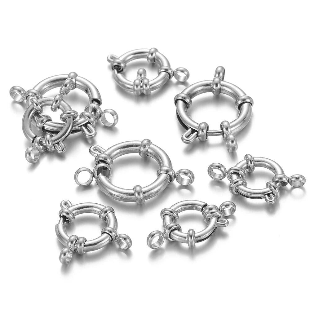 Silver round spring clasp hooks with hinged latch and clasp ring ends