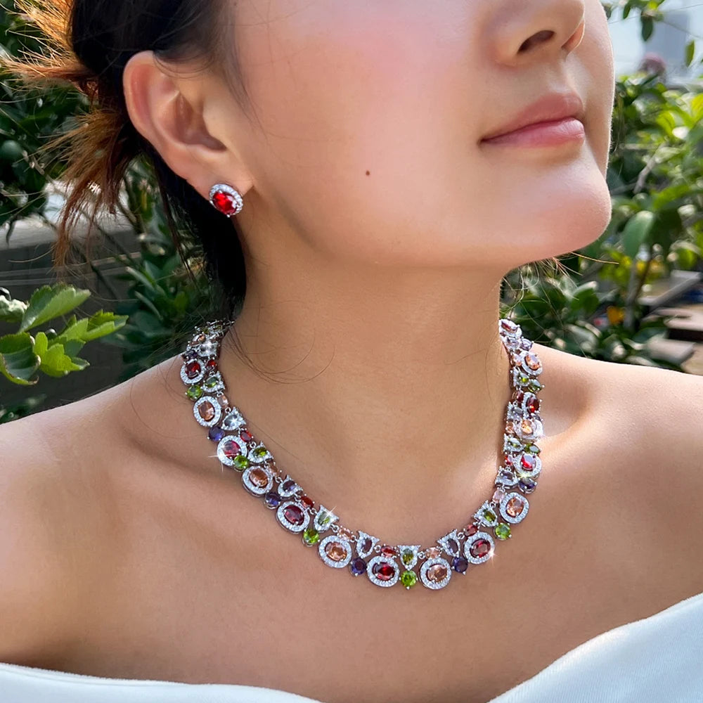 Luxury Geometric Multicolor Cubic Zirconia Earrings Wedding Costume Jewelry Sets For Women Boho Party