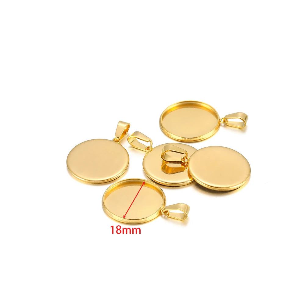 Gold round cabochon bezel blank tray settings with clamp bails, 18mm size