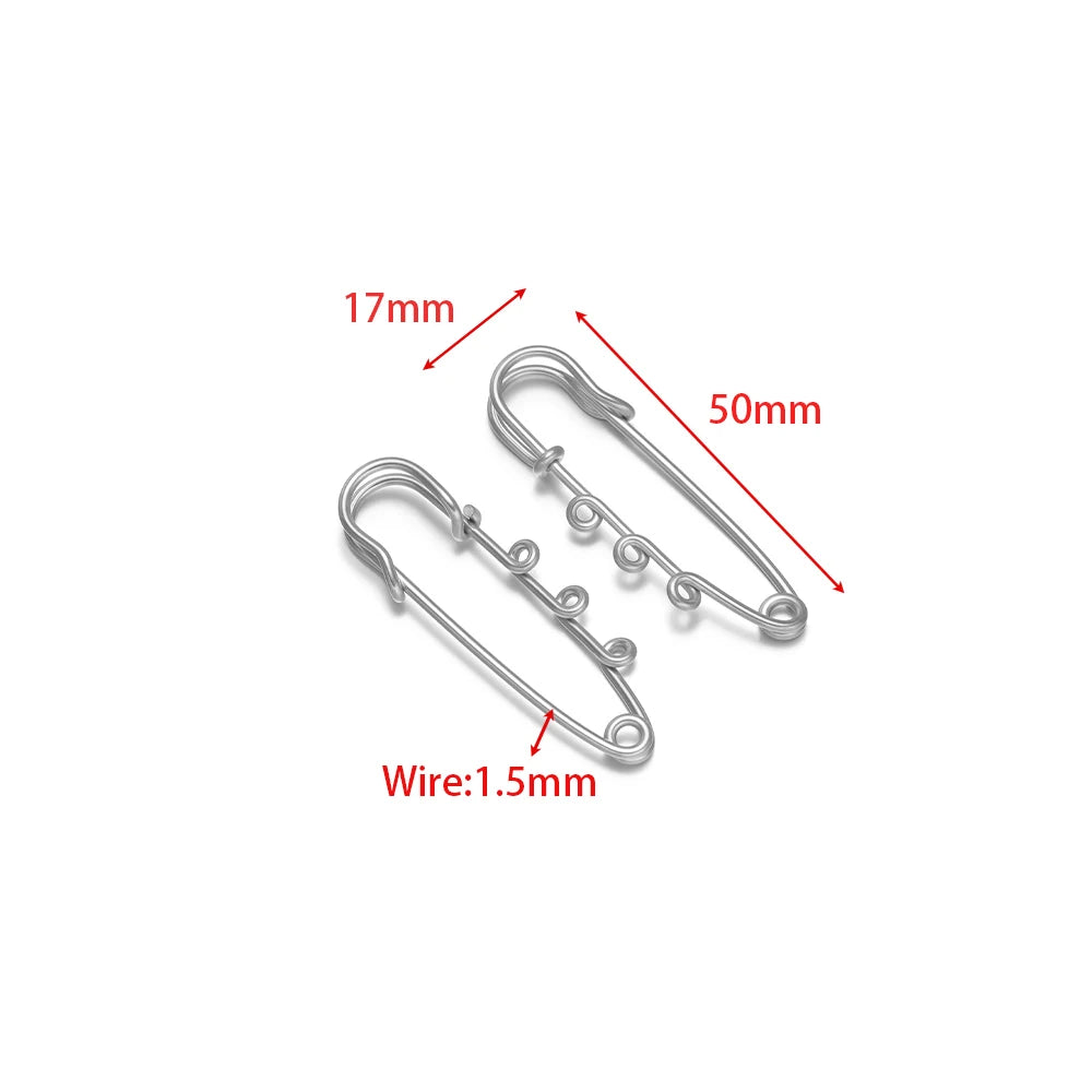 Silver multi-hole safety pin brooch dimensions: 50mm length, 17mm, 1.5mm wire