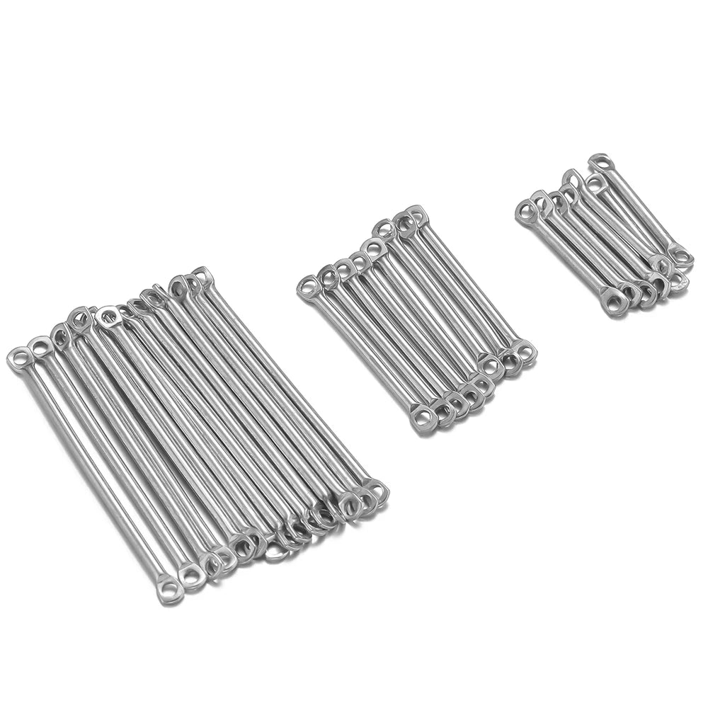 Silver steel bar link connectors in square groups, long sticks with end loop holes
