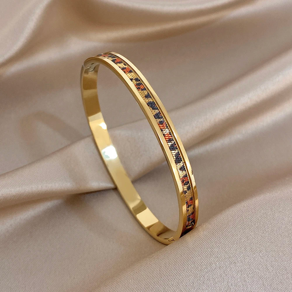 Trendy Gold Plated Stainless Steel Cuff Bangle Bracelets for Women Shiny Geometric Zircon Stackable Bracelet Waterproof Jewelry