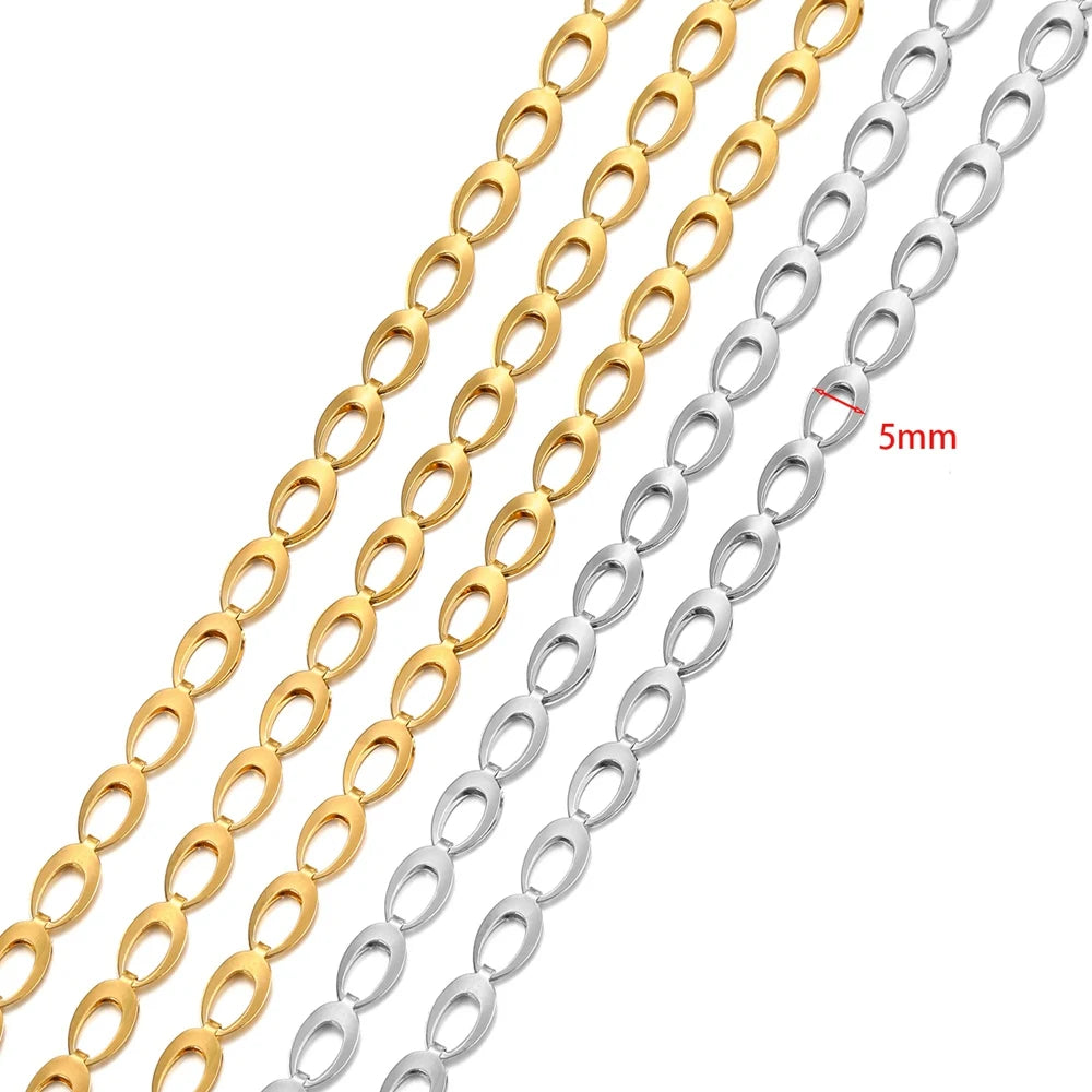 5mm hollow teardrop chain strands with oval links in gold and silver