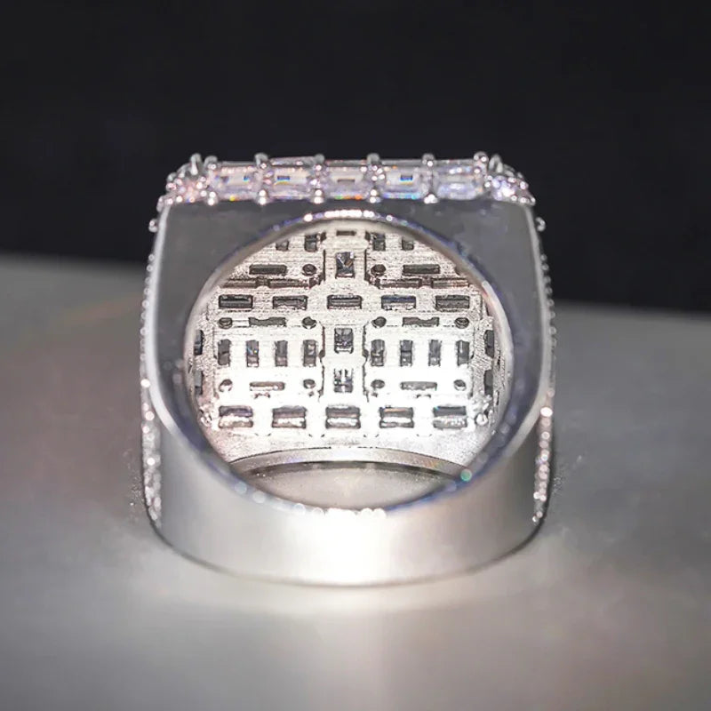 Silver-tone ring underside view with prong-set rectangular baguette cubic zirconia