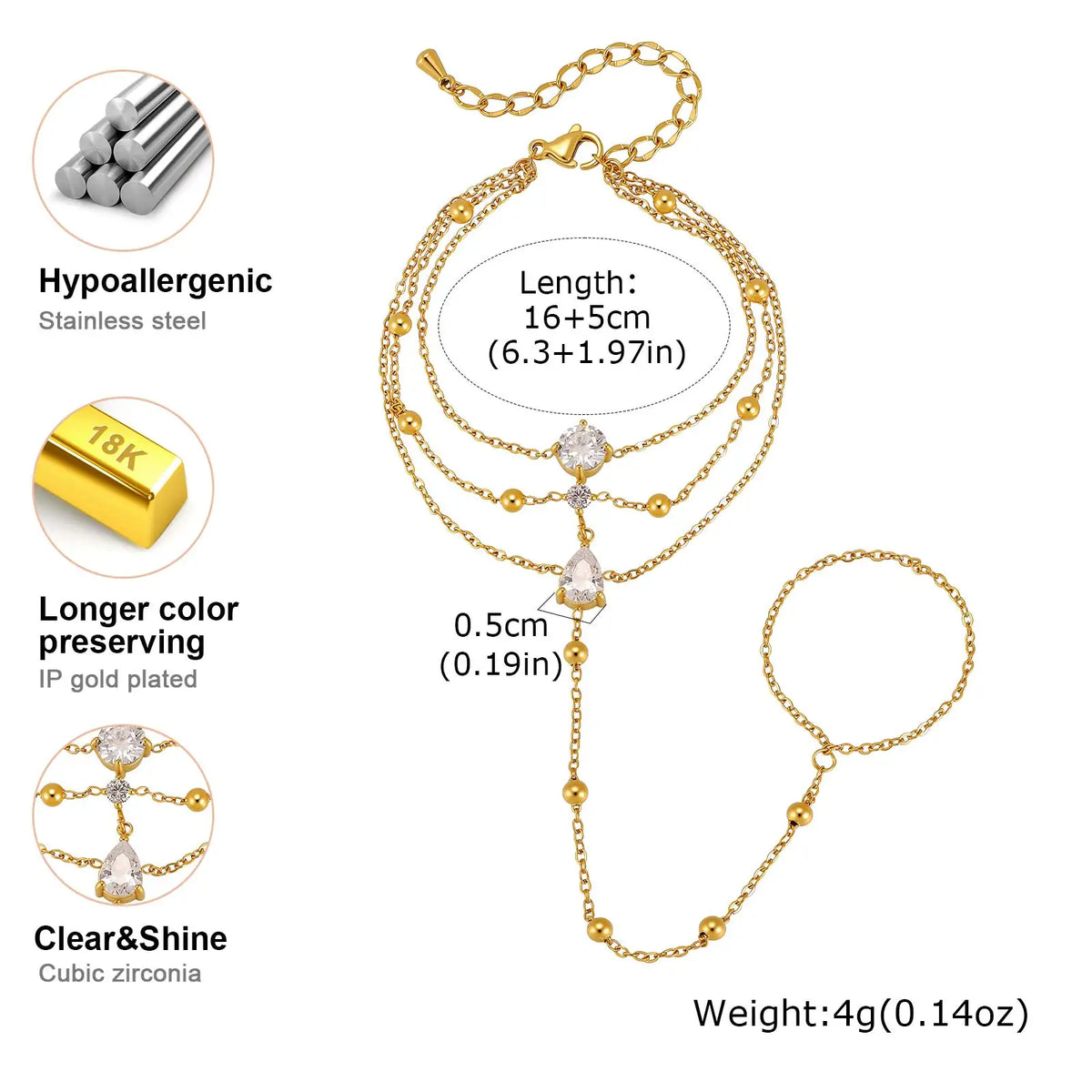 Gold-tone multi-layer heart CZ hand chain bracelet with dangling stones