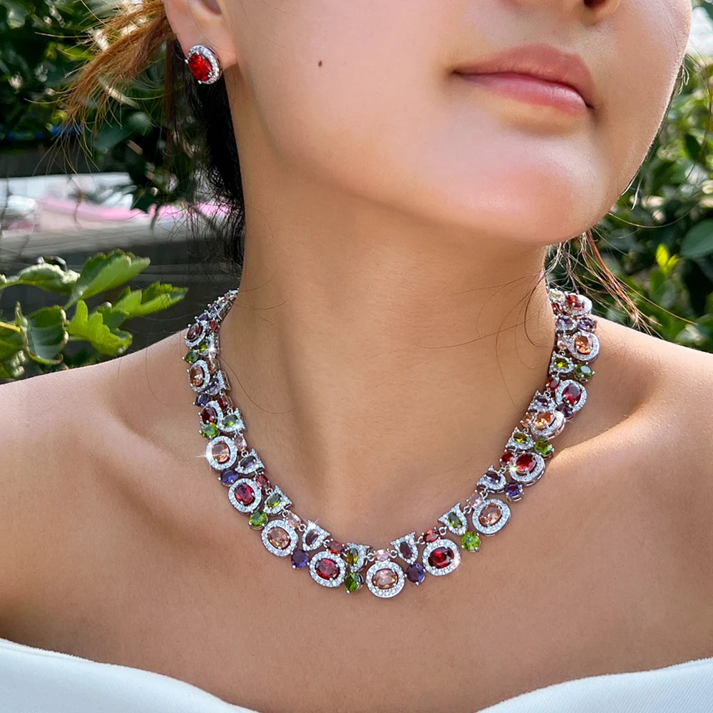 Luxury Geometric Multicolor Cubic Zirconia Earrings Wedding Costume Jewelry Sets For Women Boho Party