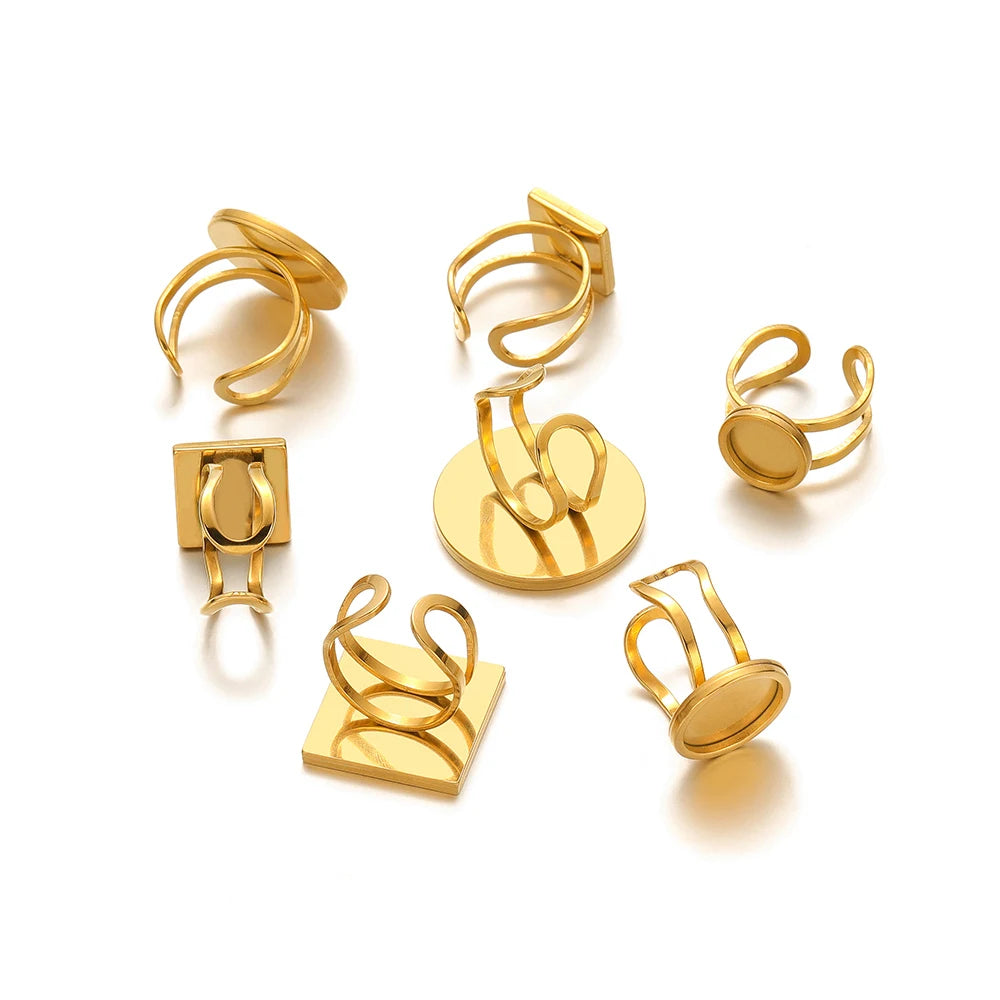 Gold-tone open cabochon ring bases with square and round bezels