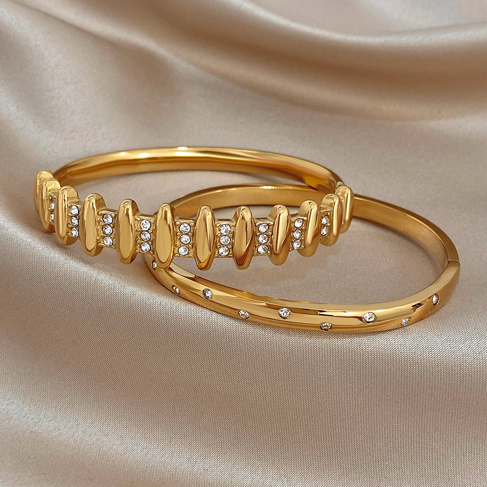 Exquisite Gold Plated Stainless Steel Cuff Bangles for Women Vintage Zircon Geometric Wristband Bracelets Waterproof Jewelry