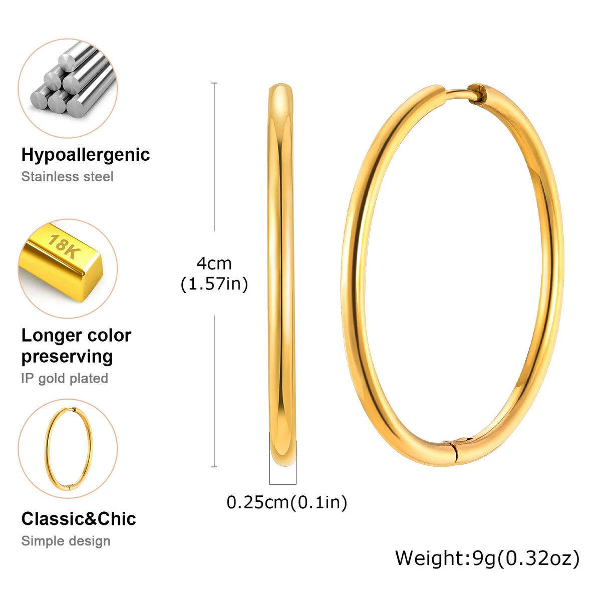 Gold hoop earring with hinged closure, shown with 4 cm diameter and 0.25 cm width.